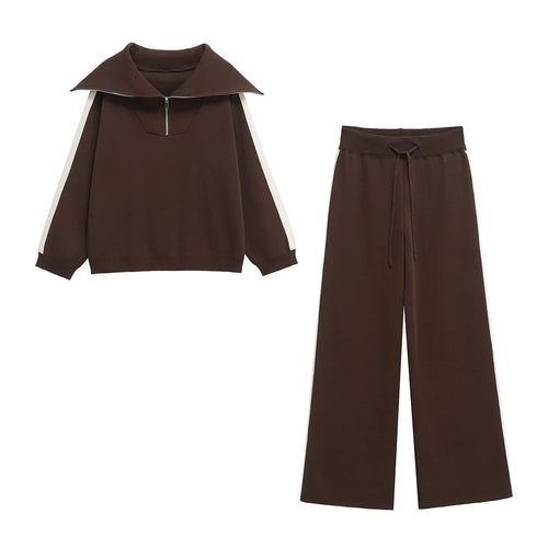 Dame Loungewear Sæt Strikstof Bred Krave Side Striber Brun — Main Image