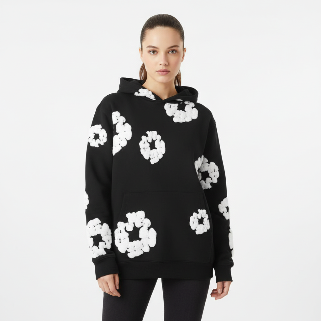 Unisex Hoodie Blomstret Bomuldsblanding Sort Hvid Blå Grøn Rød — Image 2