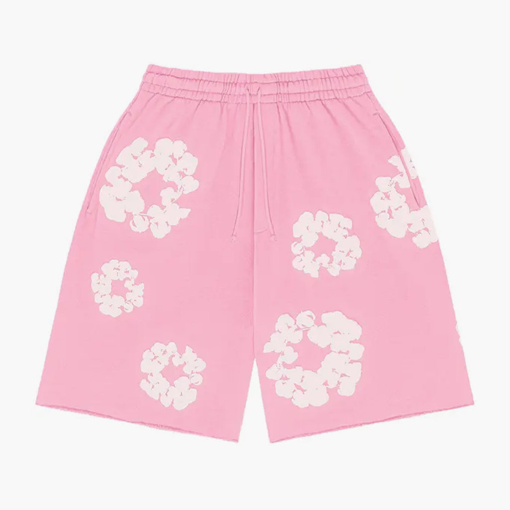 Unisex Blomsterprint Shorts Pink Bomuld Elastisk Talje — Main Image