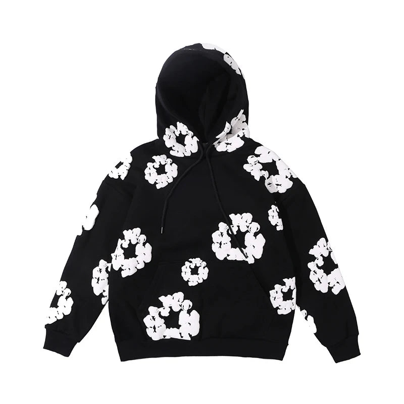 Unisex Blomsterprint Hættetrøje Sort/Hvid Bomuldsblanding — Main Image