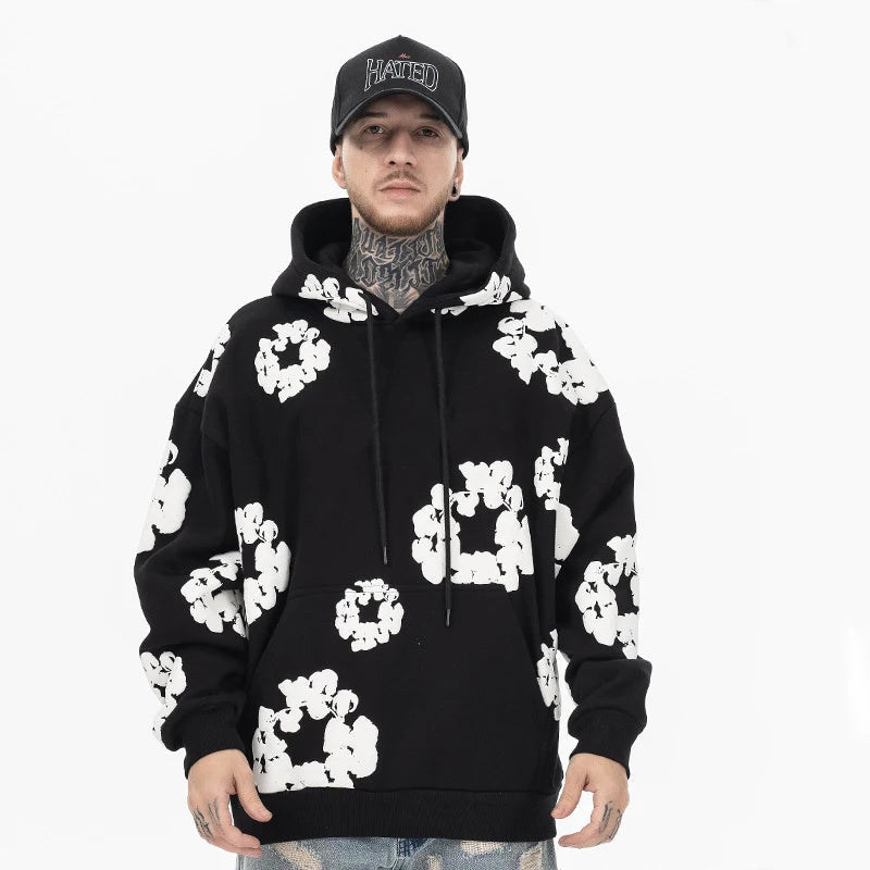 Unisex Blomsterprint Hættetrøje Sort/Hvid Bomuldsblanding — Image 2