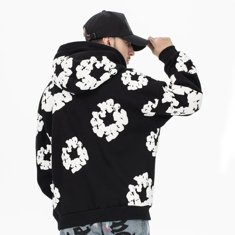 Unisex Blomsterprint Hættetrøje Sort/Hvid Bomuldsblanding — Image 3
