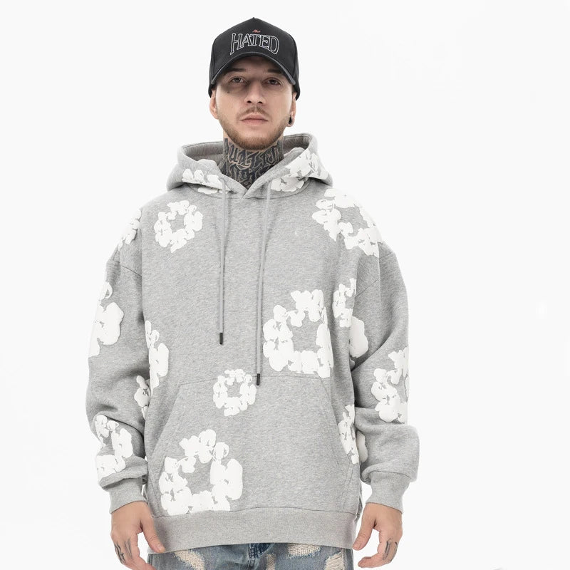 Unisex Blomsterprint Hættetrøje Sort/Hvid Bomuldsblanding — Image 4