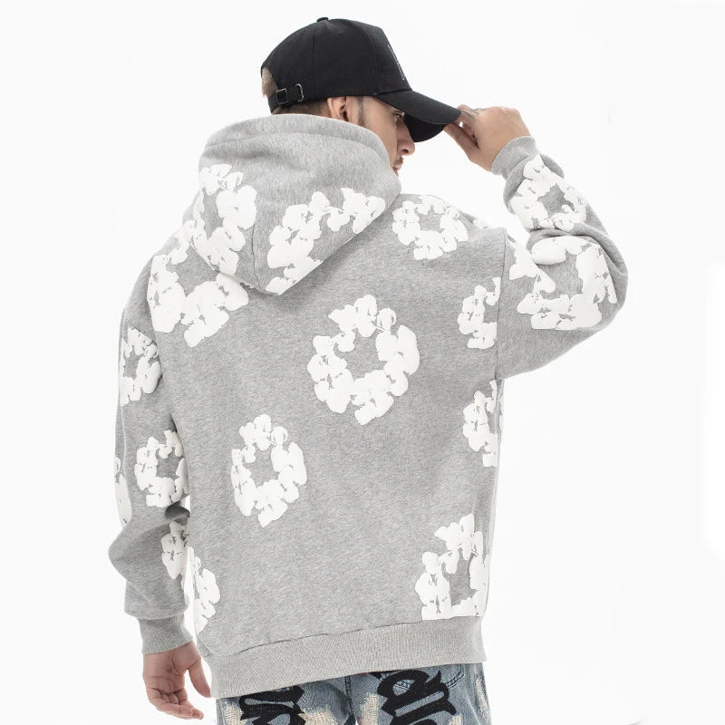 Unisex Blomsterprint Hættetrøje Sort/Hvid Bomuldsblanding — Image 5