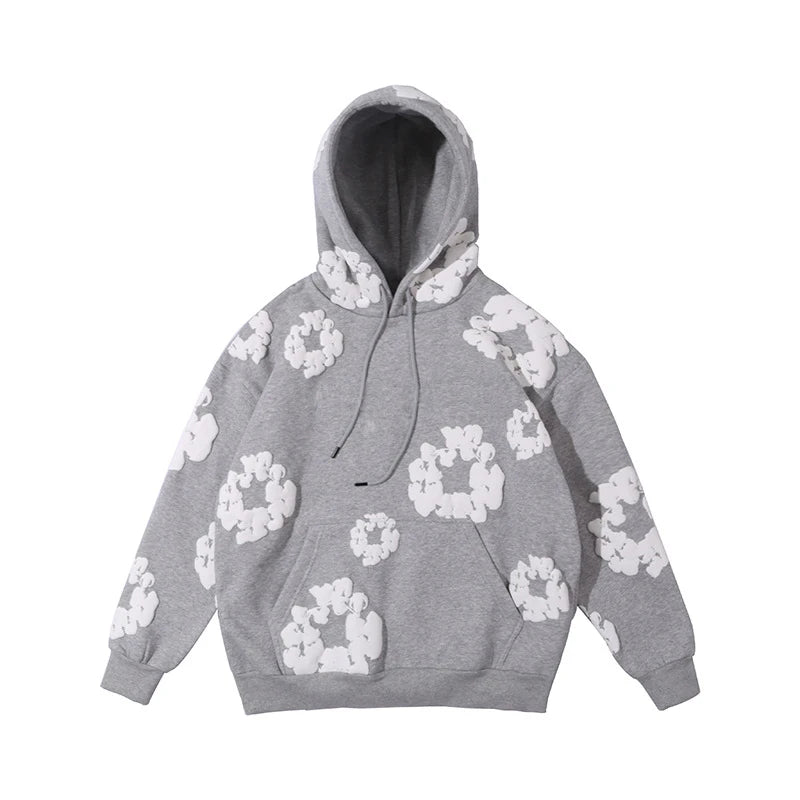 Unisex Blomsterprint Hættetrøje Sort/Hvid Bomuldsblanding — Image 6