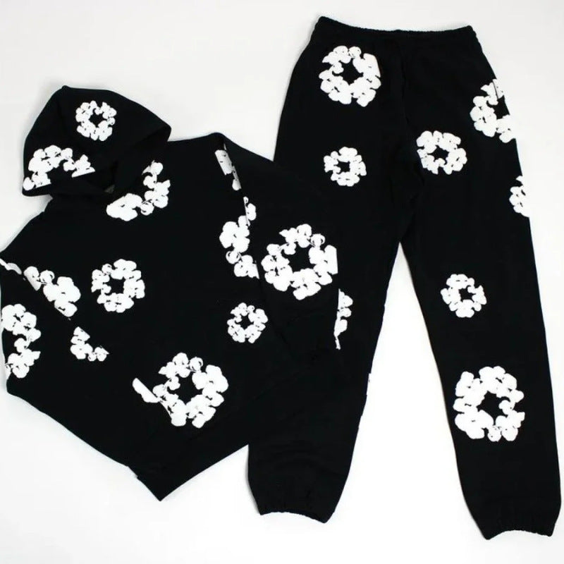Unisex Blomsterprint Joggingdragt Bomuld Sort Hætte — Main Image