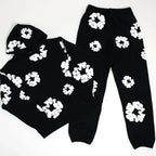 Unisex Blomsterprint Joggingdragt Bomuld Sort Hætte — Main Image