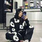 Unisex Blomsterprint Joggingdragt Bomuld Sort Hætte — Image 2