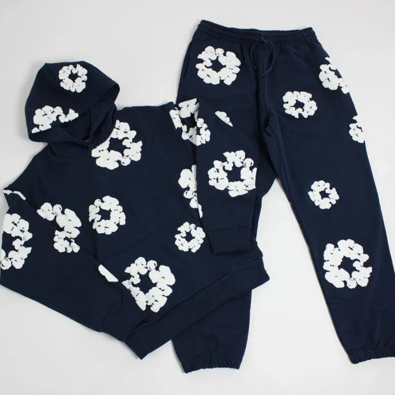 Unisex Blomsterprint Joggingdragt Bomuld Sort Hætte — Image 11