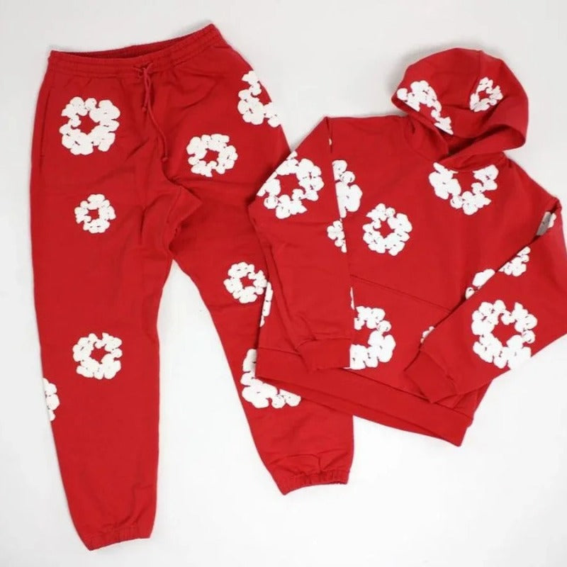 Unisex Blomsterprint Joggingdragt Bomuld Sort Hætte — Image 12