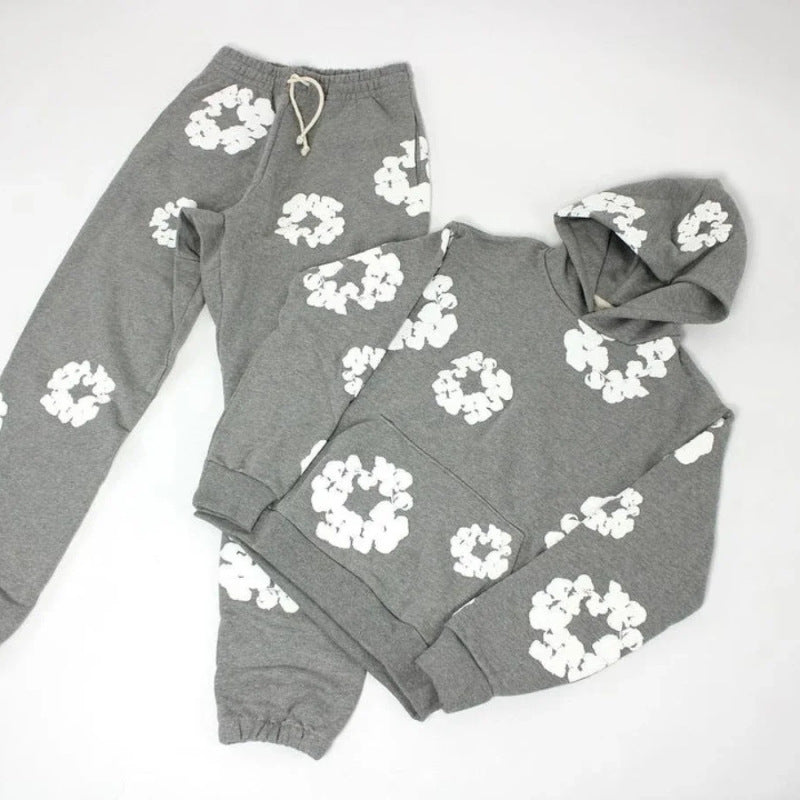 Unisex Blomsterprint Joggingdragt Bomuld Sort Hætte — Image 13
