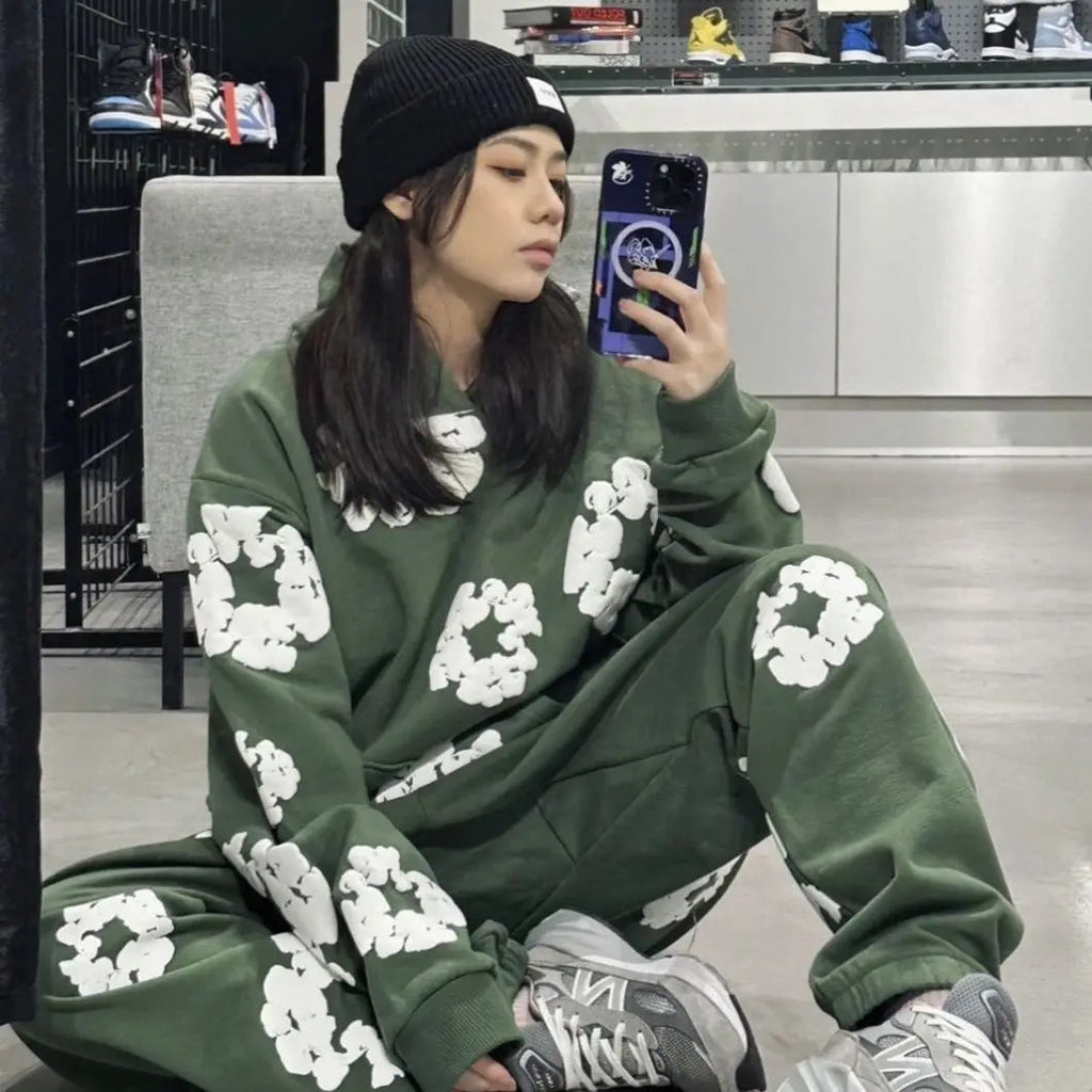 Unisex Blomsterprint Joggingdragt Bomuld Sort Hætte — Image 3