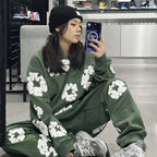 Unisex Blomsterprint Joggingdragt Bomuld Sort Hætte — Image 3