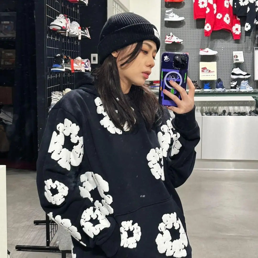 Unisex Blomsterprint Joggingdragt Bomuld Sort Hætte — Image 4