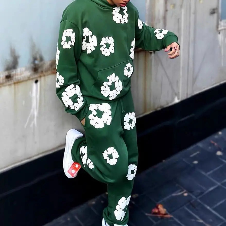 Unisex Blomsterprint Joggingdragt Bomuld Sort Hætte — Image 5