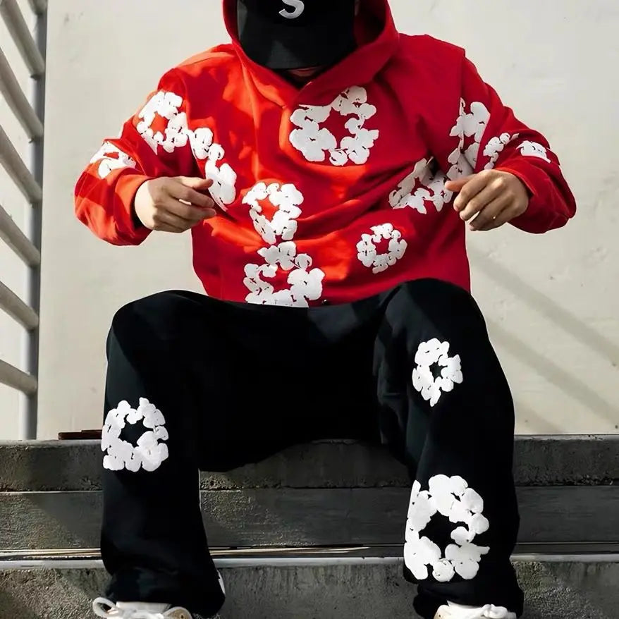 Unisex Blomsterprint Joggingdragt Bomuld Sort Hætte — Image 6