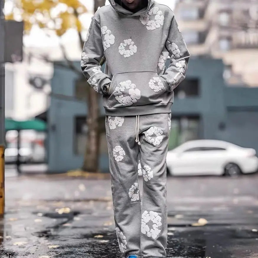 Unisex Blomsterprint Joggingdragt Bomuld Sort Hætte — Image 7