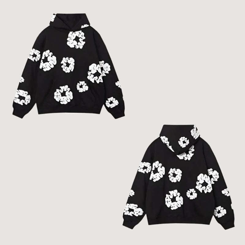 Unisex Blomsterprint Joggingdragt Bomuld Sort Hætte — Image 8