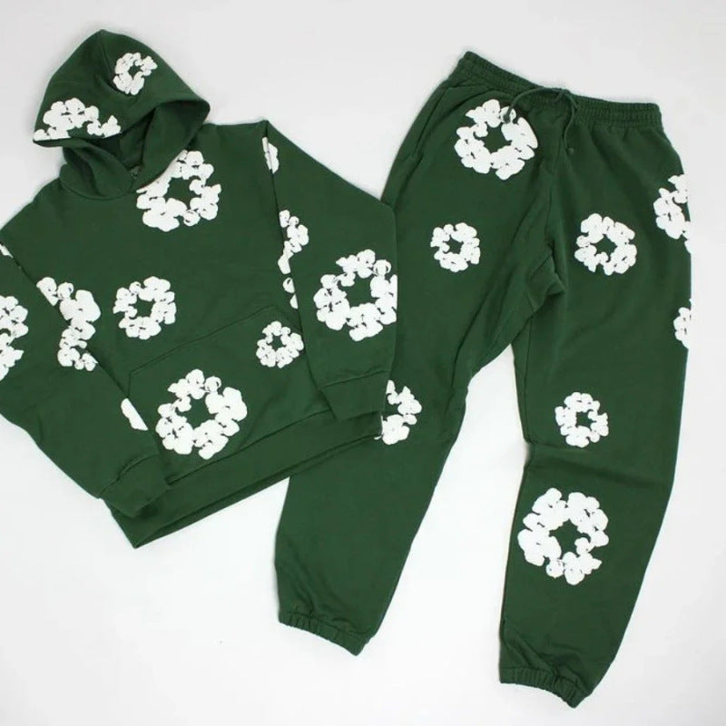 Unisex Blomsterprint Joggingdragt Bomuld Sort Hætte — Image 10