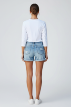 Women’s Denim Shorts with Distressed Surface and Fringe Hem