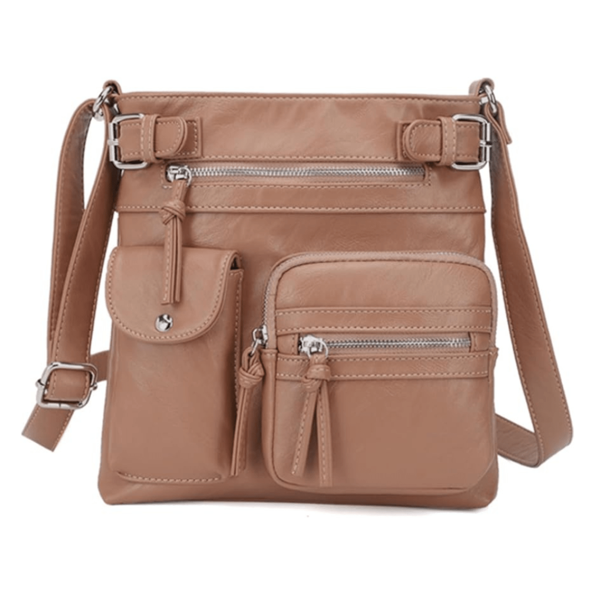 Dame Crossbody Taske Syntetisk Læder Justerbar Rem Lynlåslommer — Image 4