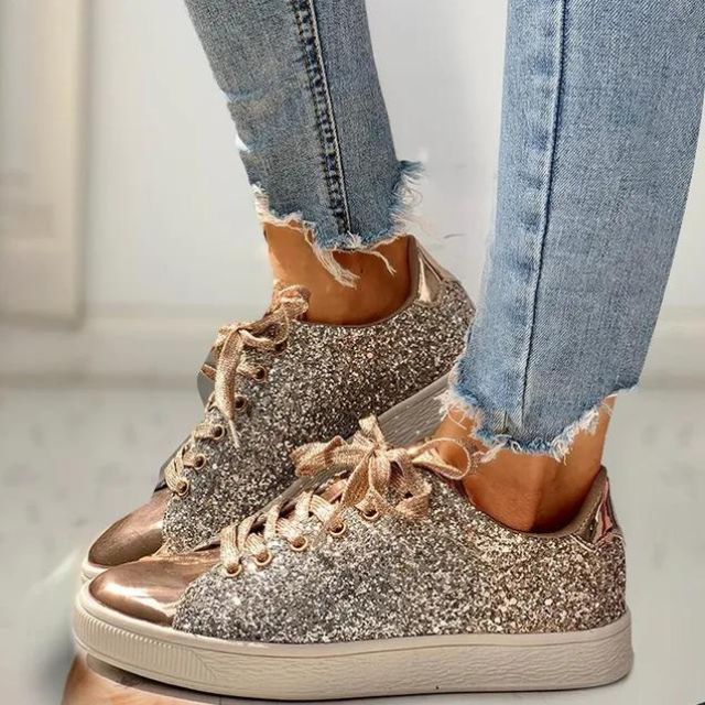 Glitter Sneakers til Kvinder - Skinnende Lavprofil Sko med Snørebånd i Sølv, Pink, Guld — Image 5