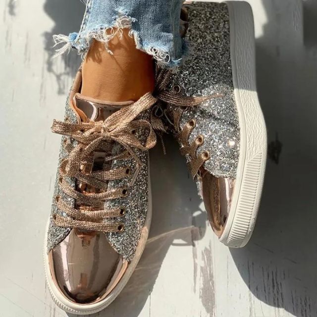 Glitter Sneakers til Kvinder - Skinnende Lavprofil Sko med Snørebånd i Sølv, Pink, Guld — Image 3
