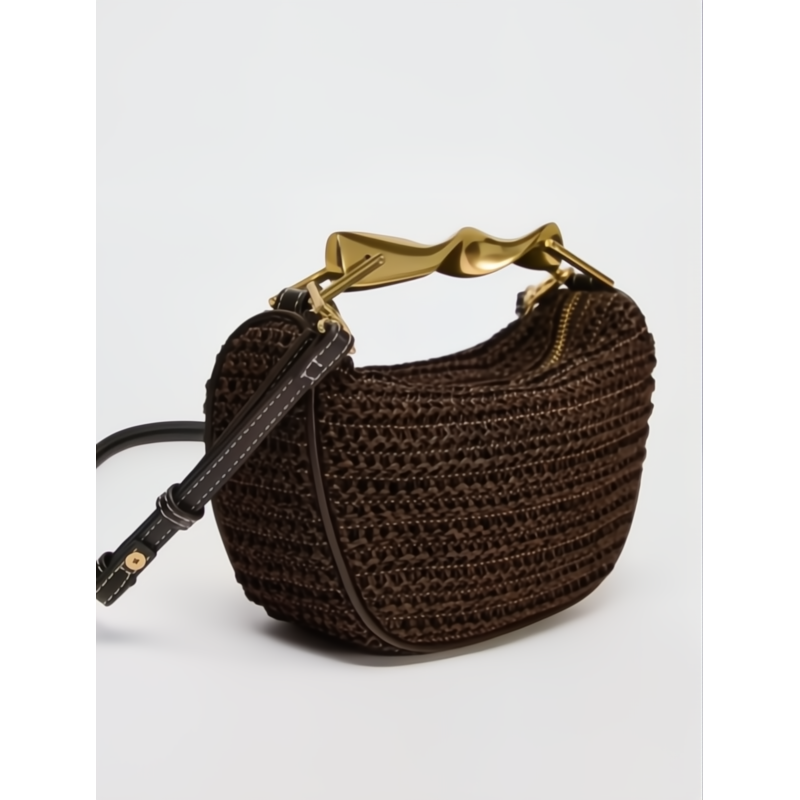 Elegant Håndtaske Flettet Design Brun Metalhank — Image 4