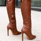 Brand Stiletto Knæhøje Støvler Læder Lynlås Dame Elegant Højhælede Sko — Main Image