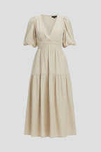 Women’s Midi Dress with V-Neckline and Puff Sleeves