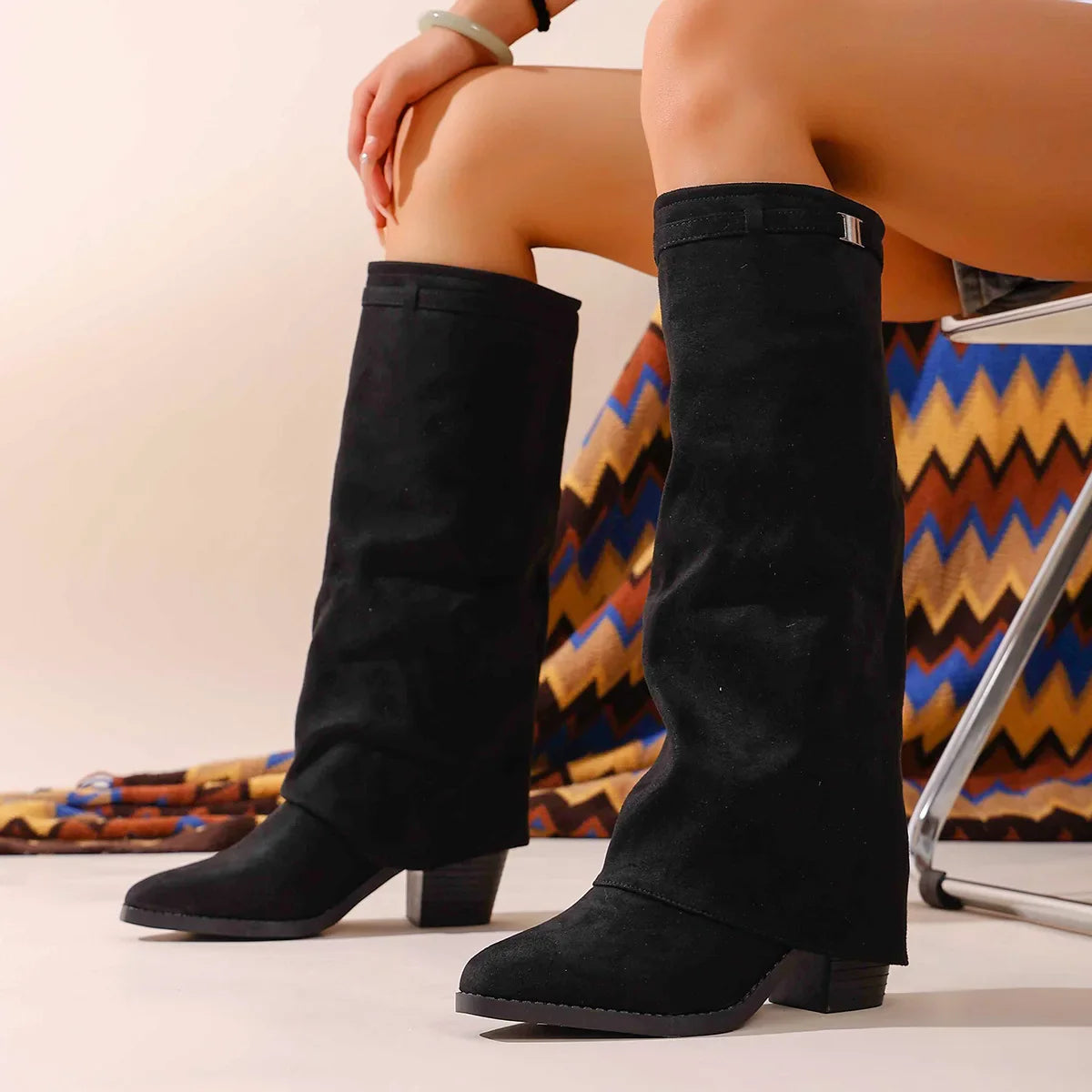 Elegant Women Knee-High Boots Faux Suede Black Brown White Stylish Fashion Footwear — Main Image