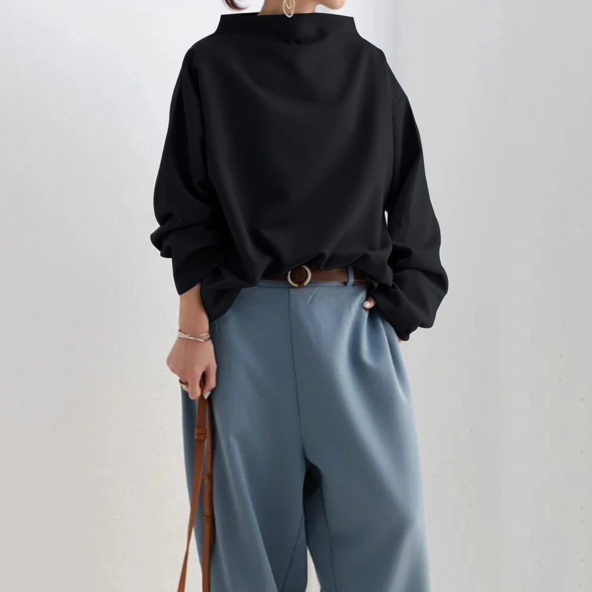 Elegant Oversize Bluse til Kvinder Sort Polyester Løs Pasform — Image 5