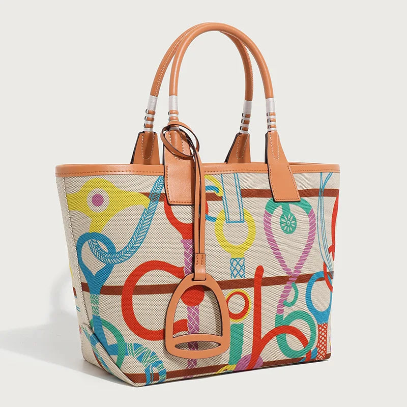 Dame Lærred Håndtaske med Læderdetaljer og Unikt Mønster, Beige, Stilfuld Shopper — Image 6