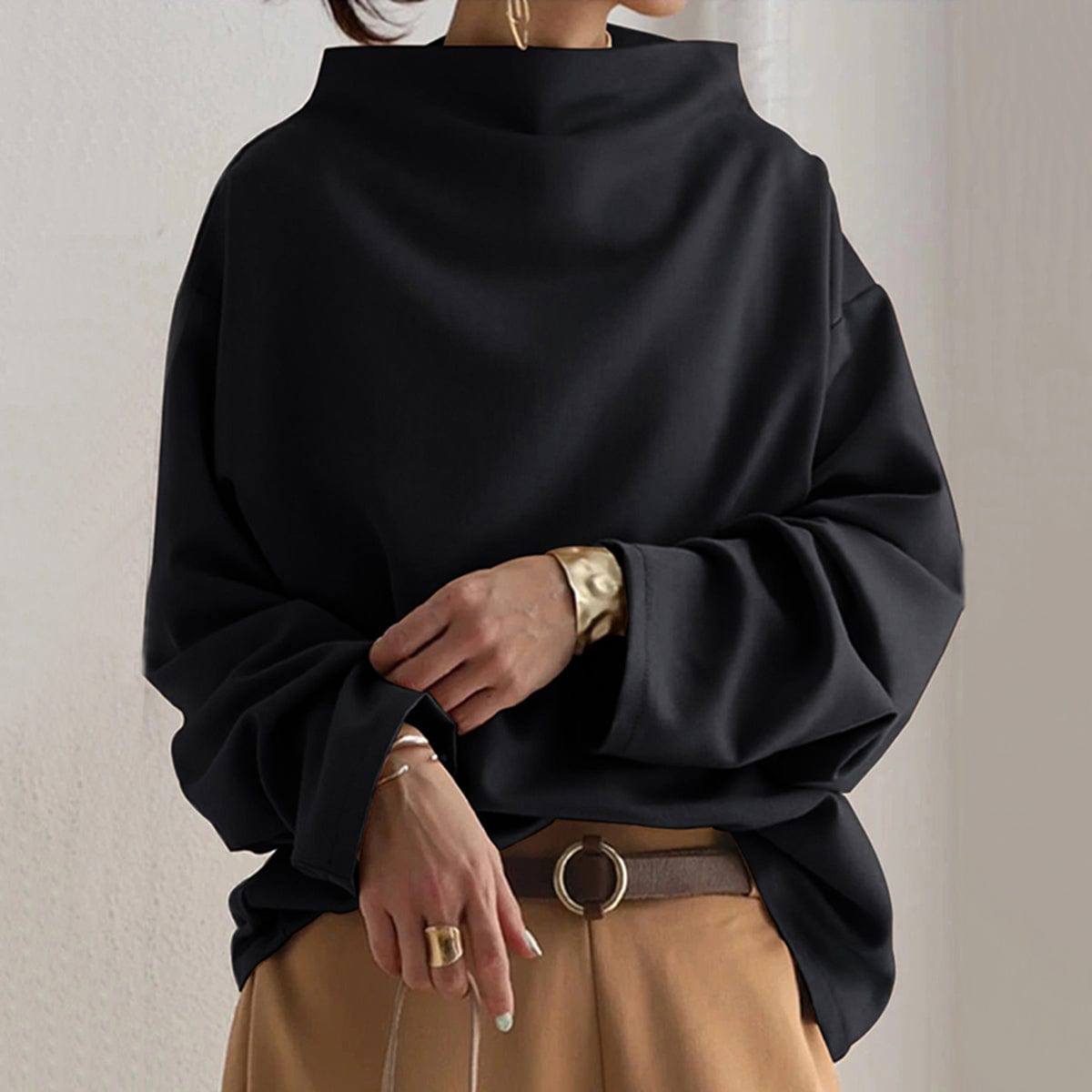 Elegant Oversize Bluse til Kvinder Sort Polyester Løs Pasform — Main Image