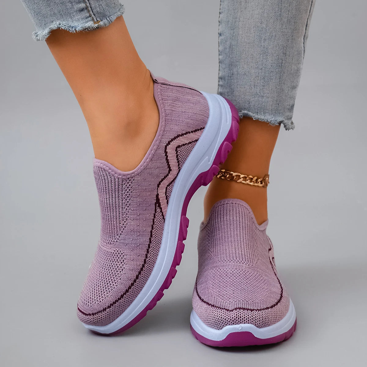 Fashion Dame Slip-On Sneakers Strikket Åndbar Lilla — Main Image