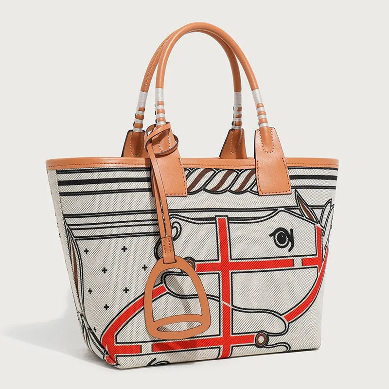 Dame Lærred Håndtaske med Læderdetaljer og Unikt Mønster, Beige, Stilfuld Shopper — Image 5