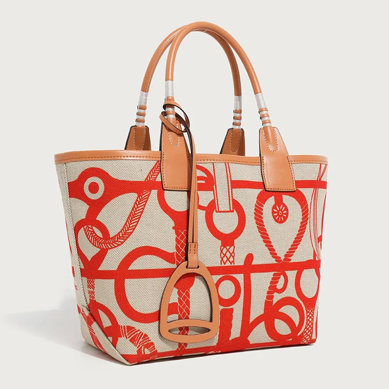 Dame Lærred Håndtaske med Læderdetaljer og Unikt Mønster, Beige, Stilfuld Shopper — Image 2