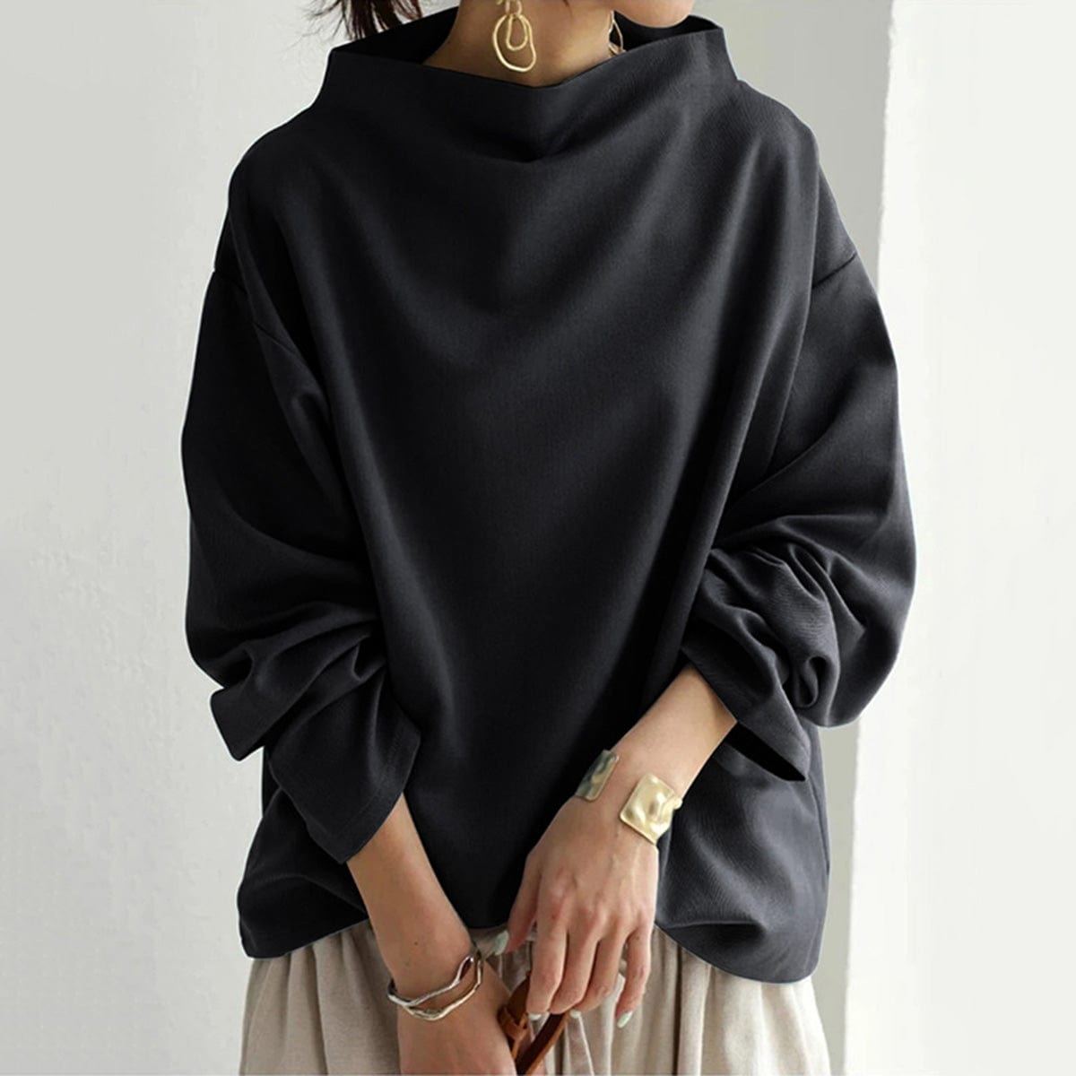 Elegant Oversize Bluse til Kvinder Sort Polyester Løs Pasform — Image 2
