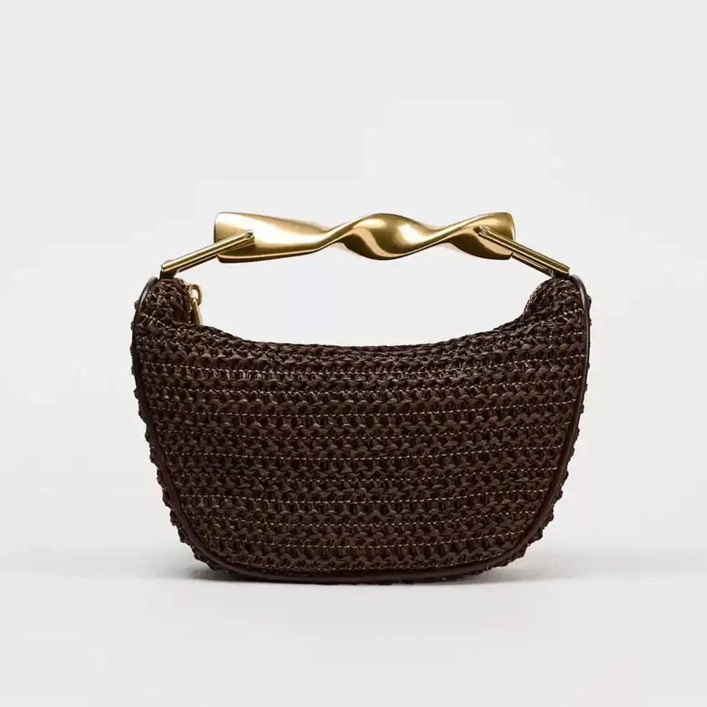 Elegant Håndtaske Flettet Design Brun Metalhank — Main Image