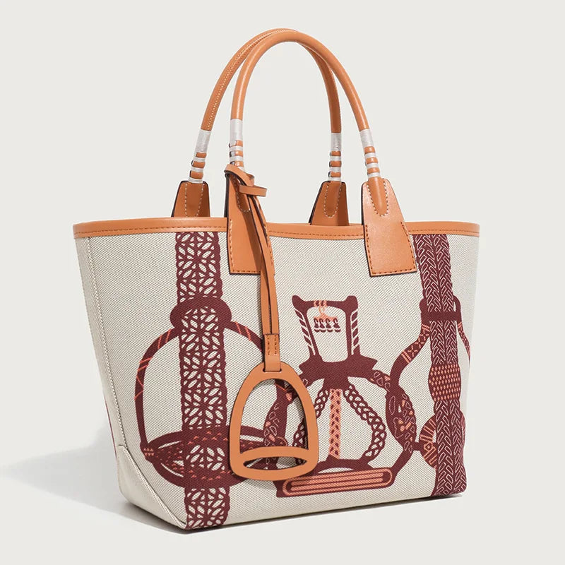 Dame Lærred Håndtaske med Læderdetaljer og Unikt Mønster, Beige, Stilfuld Shopper — Main Image