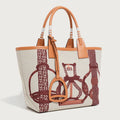 Dame Lærred Håndtaske med Læderdetaljer og Unikt Mønster, Beige, Stilfuld Shopper — Main Image