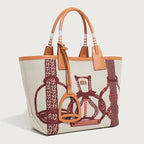 Dame Lærred Håndtaske med Læderdetaljer og Unikt Mønster, Beige, Stilfuld Shopper — Main Image