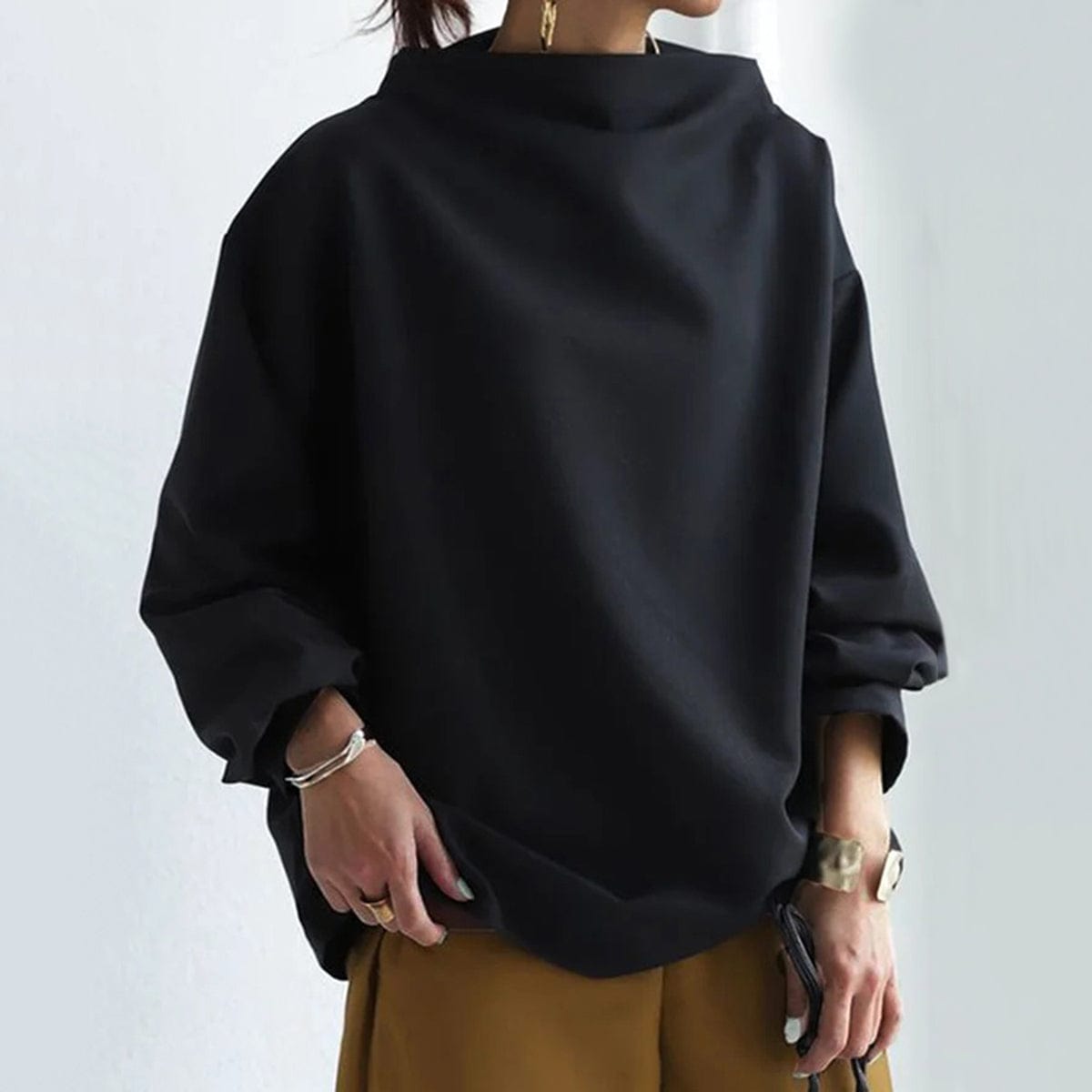 Elegant Oversize Bluse til Kvinder Sort Polyester Løs Pasform — Image 4