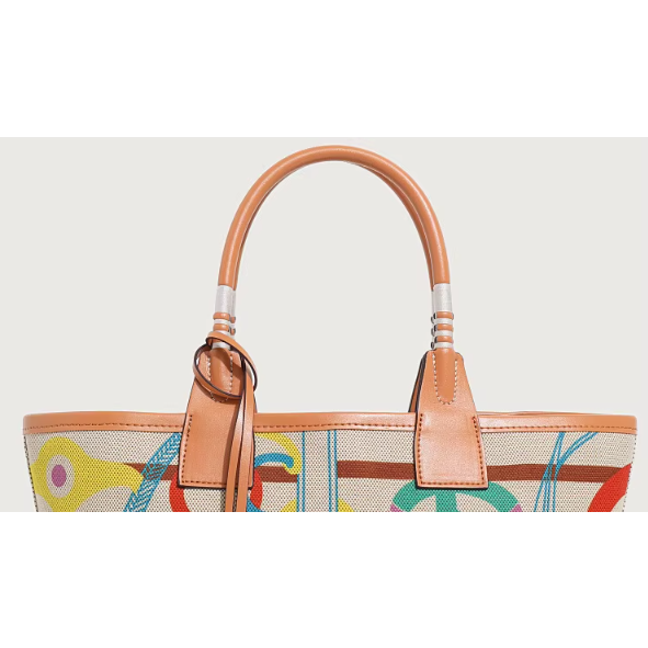 Dame Lærred Håndtaske med Læderdetaljer og Unikt Mønster, Beige, Stilfuld Shopper — Image 7