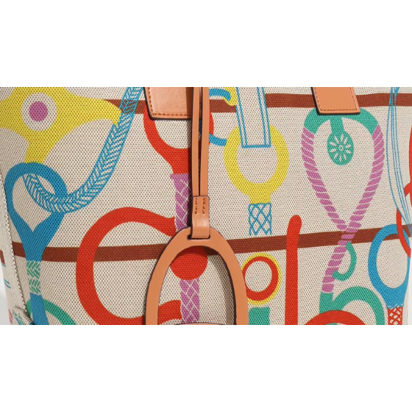 Dame Lærred Håndtaske med Læderdetaljer og Unikt Mønster, Beige, Stilfuld Shopper — Image 8