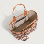 Dame Lærred Håndtaske med Læderdetaljer og Unikt Mønster, Beige, Stilfuld Shopper — Image 11