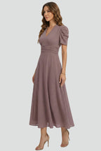 V-Neck Midi Dress With Short Sleeves