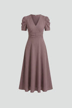 V-Neck Midi Dress With Short Sleeves