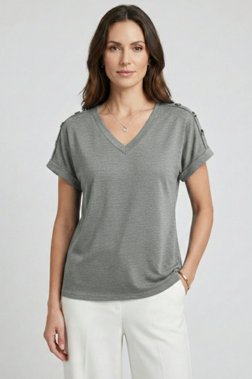 Women T-Shirt with V Neckline and Rolled Sleeves