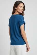 Women T-Shirt with V Neckline and Rolled Sleeves